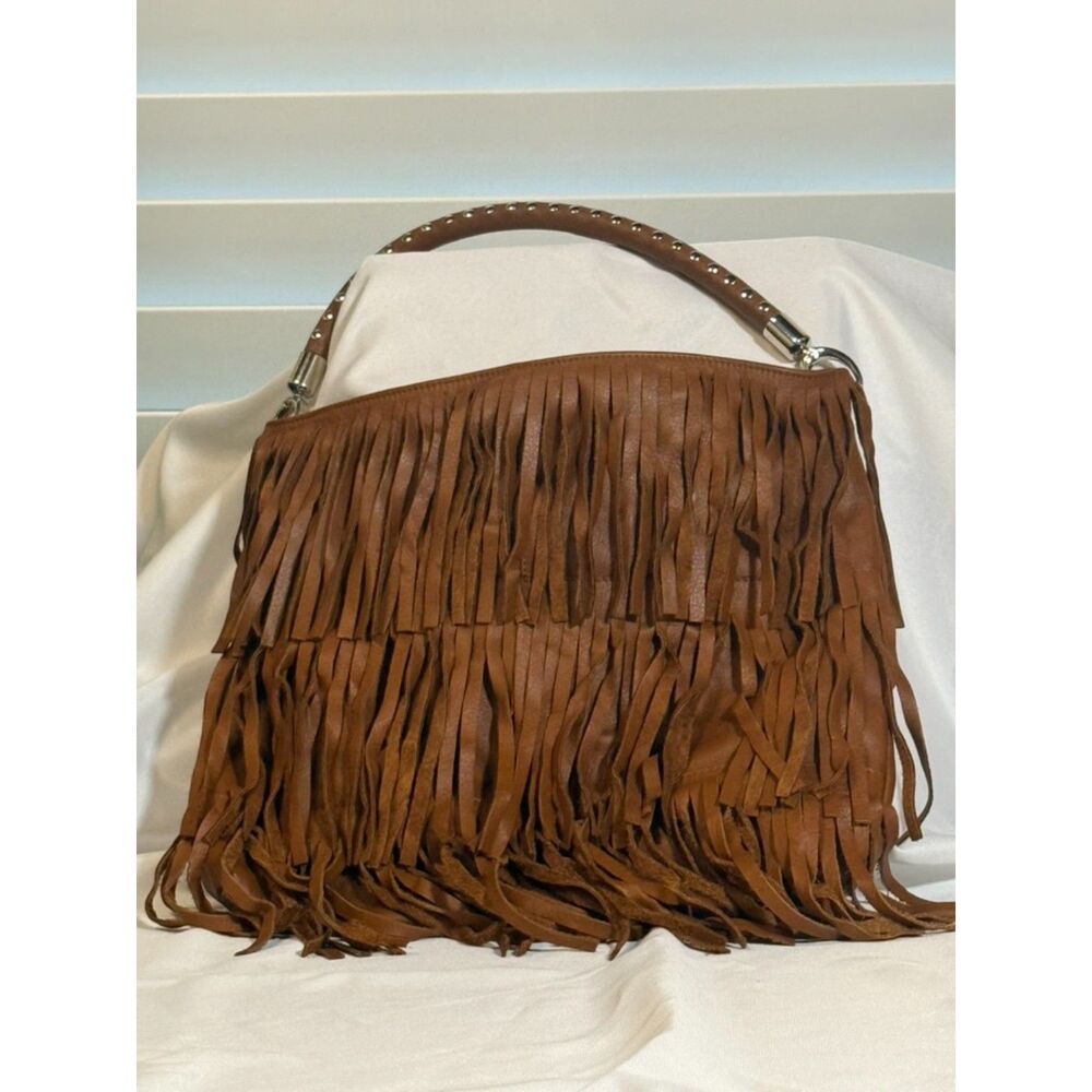 Garnet Hill Cognac Leather Fringe Hobo Bag • Studded Handle • Boho